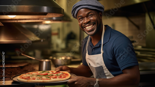 An African American male chef holds a finished pizza from the oven.