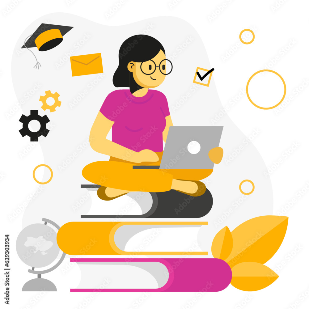 Woman sitting with laptop and books. Online education concept Woman sitting with laptop and books. Online education concept