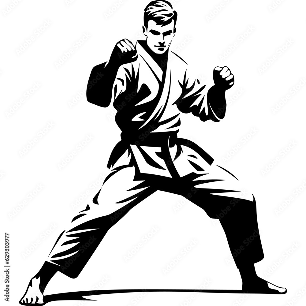 Karate fighter with black belt dynamic pose stance black silhouette logo vector