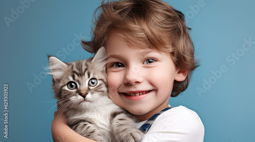 Little boy holds a kitten in his arms on blue background.