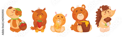 Adorable Animals and Seasonal Harvesting or Ripe Crop Vector Set