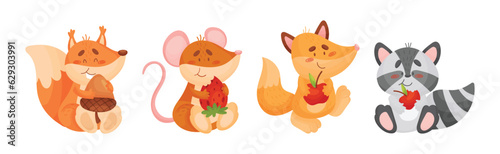 Adorable Animals and Seasonal Harvesting or Ripe Crop Vector Set