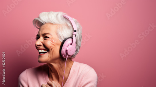 Senior woman wearing headphones on a pink background listening to her favorite music.