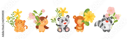 Fototapeta Naklejka Na Ścianę i Meble -  Cute Animals Holding Flower on Stalk with Their Paws Vector Set