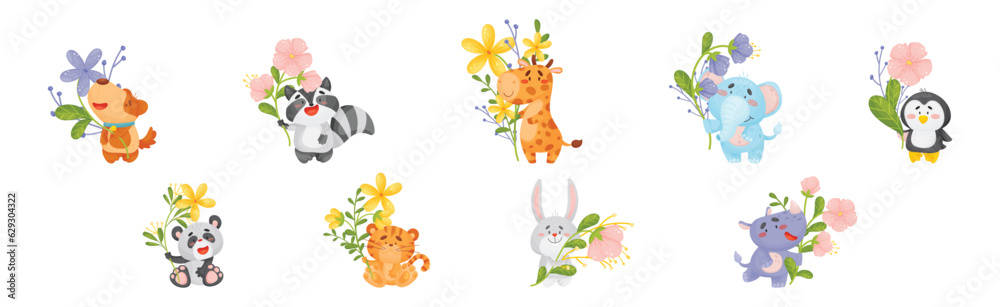 Cute Animals Holding Flower on Stalk with Their Paws Vector Set Cute Animals Holding Flower on Stalk with Their Paws Vector Set