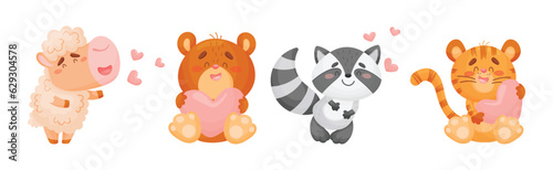 Cute Happy Animals Holding Hearts and Smiling Vector Set