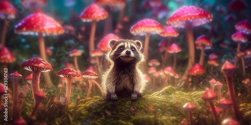 Amusing Raccoon in a Magical Forest with Glowing Mushrooms AI generated