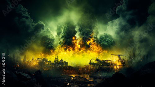 Radioactivity. Radioactive background. Green smoke and ruins. High quality illustration