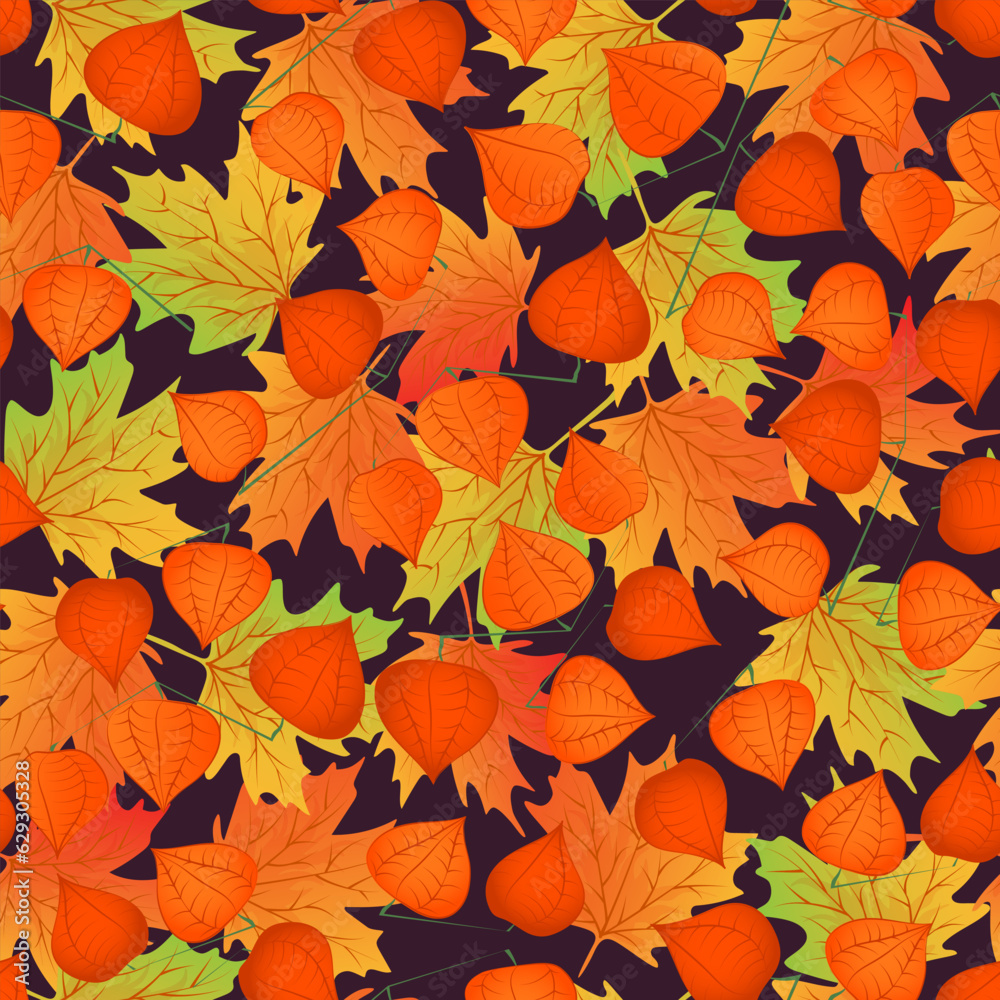 Seamless pattern with hand drawn branch with physalis and maple leaves.
