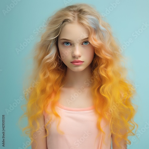 Portrait of a young, fashionable girl with a long yellow hairdo. Pastel blue background color. Urban hipster girl. Vivid background. Illustration. Generative AI.
