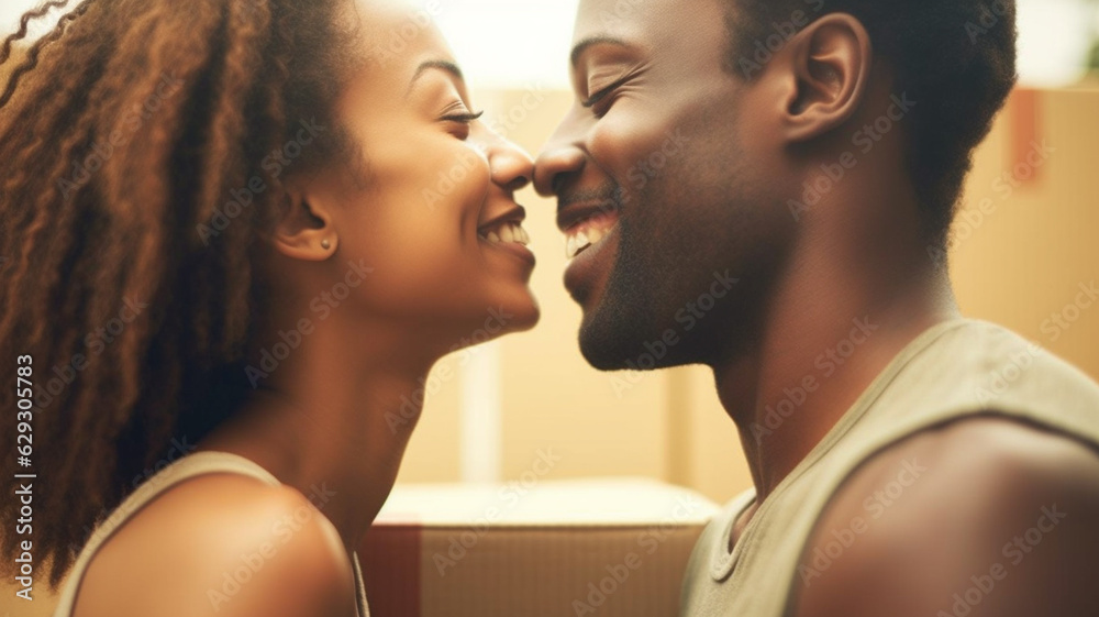 adult woman and man, tanned and black people dark black, afro american or  multiracial, rubbing nose, kissing, smiling, having fun, joy and being in  love, moving in together, moving boxes Stock Photo