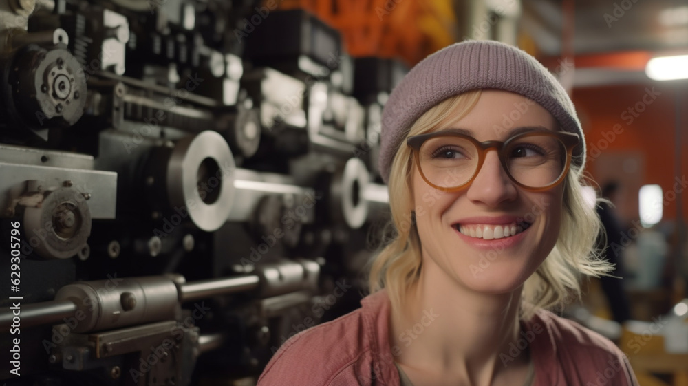 teenage girl or young adult woman works in industry or mechanic or does vocational training in a craft trade, in a company or workshop or engineer teenage girl or young adult woman works in industry or mechanic or does vocational training in a craft trade, in a company or workshop or engineer