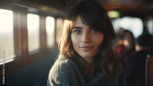 young adult woman, brunette, winter sweater, in an old train, sitting on a bench, relaxed facial expression, caucasian attractive, 20s 30s, optimistic or looking forward, sunny day in winter or autumn