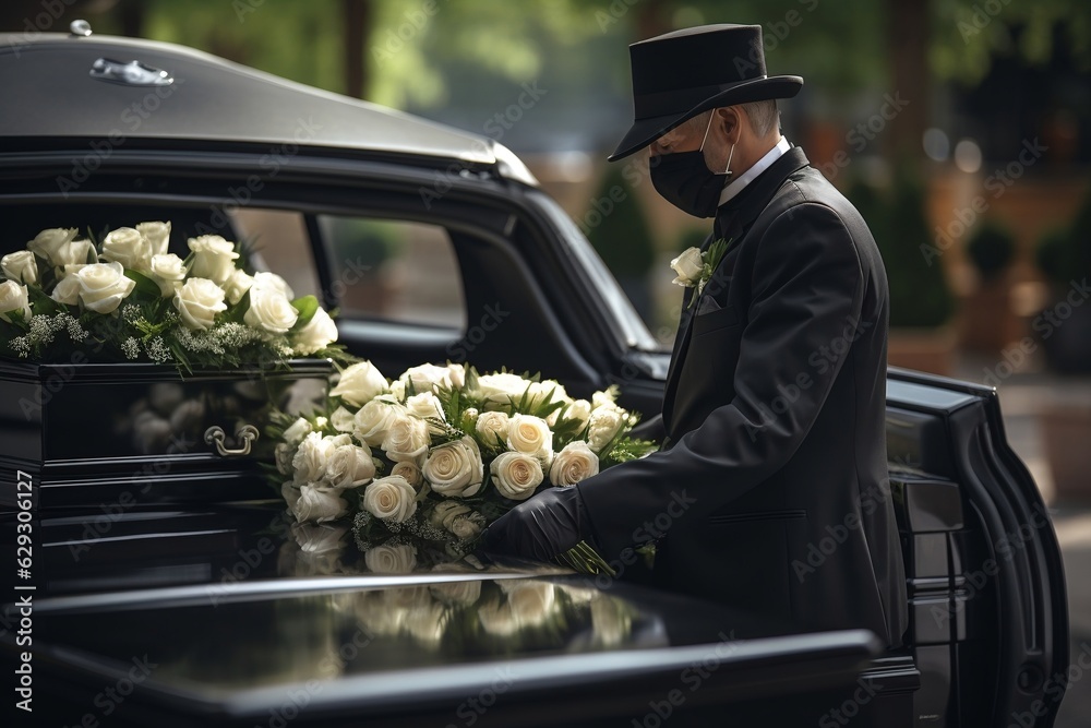 Man in Black Suit and White Gloves Loading Coffin into Funeral Car