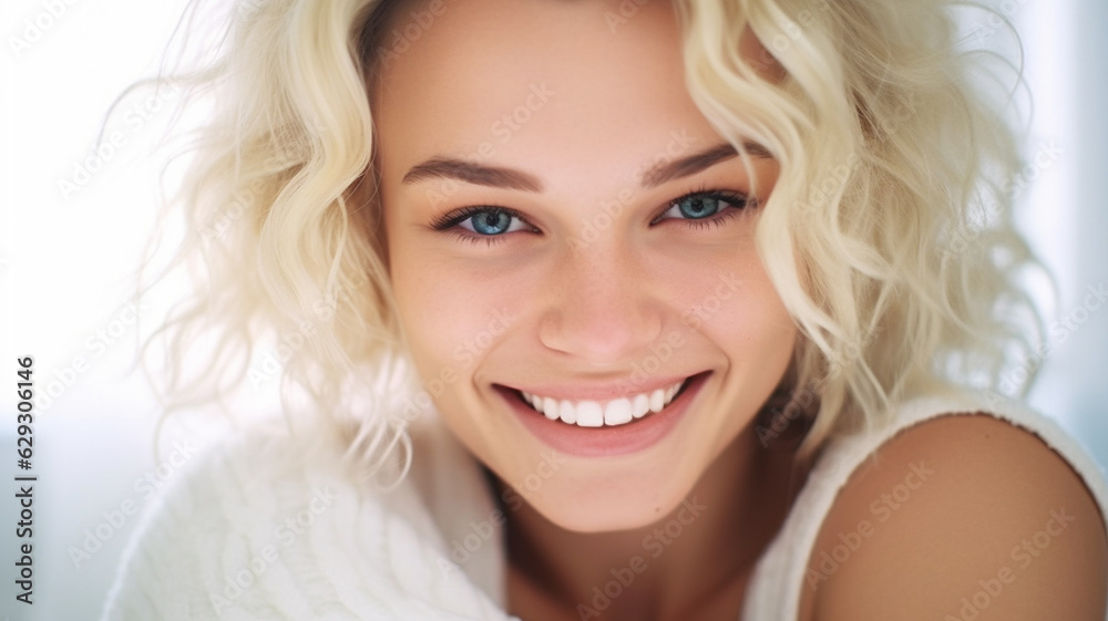 young adult woman with fair white skin, caucasian, nice teeth smiling, blonde hair color, shoulder length hair, slim, pretty friendly nice personable face, at home wearing casual cozy sweater shirt
