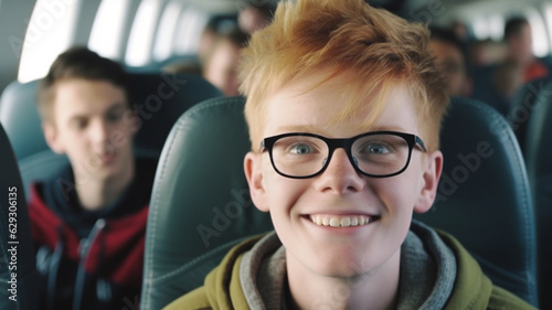 young teen boy or child, caucasian, on airplane in economy class with many others in the plane, air travel arrival or departure or boarding, excited boy