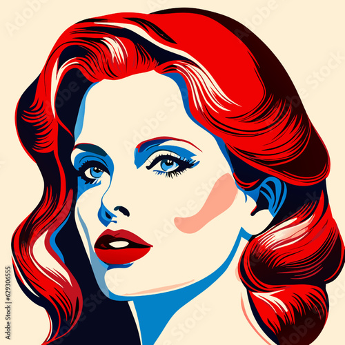 Portrait of beautiful woman with red hair. Vector illustration in retro style.