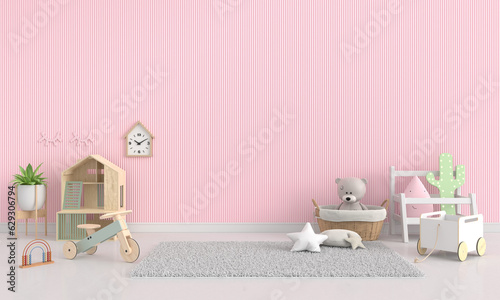 Pink child room with copy space, 3D rendering