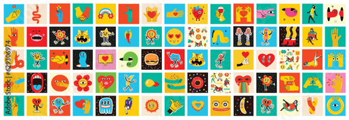 70's groovy square posters, cards or stickers. Retro print with hippie cute colorful funky character concepts of crazy geometric, dripping emoticon. Only good vibes sentence