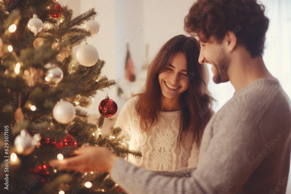 Closeup photo of adorable couple spending holly Christmas eve and decorating Chrismas tree indoor Closeup photo of adorable couple spending holly Christmas eve and decorating Chrismas tree indoor