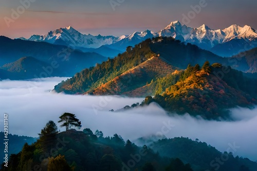 Panoramic landscape of great Himalayas mountain range during an autumn morning AI Generated