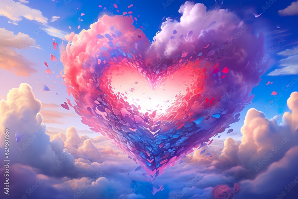 heart shaped colourful cloud in blue sky, creative design pattern concept, generative AI