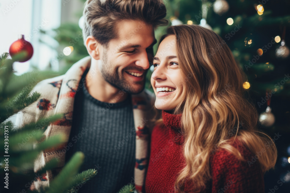 Closeup photo of adorable couple spending holly Christmas eve in decorated garland lights room near Chrismas tree  indoors