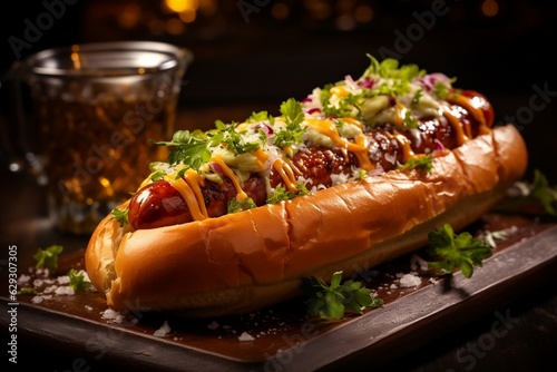 Delectable Hot Dog with Sausage, Mustard, and Fresh Buns Served in a Pub. AI