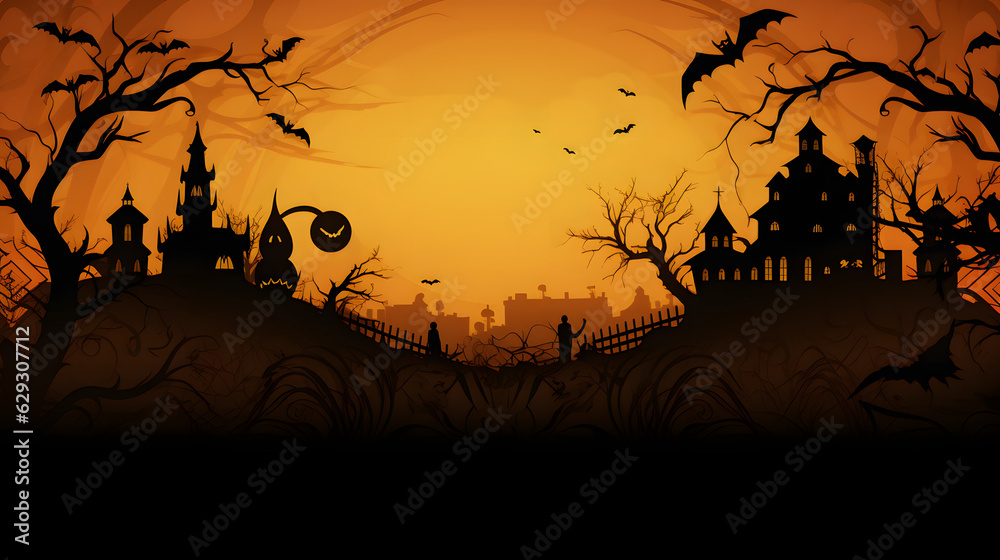 Halloween City panorama in halloween style. Scary hallowen witch, bats, picture, sunset