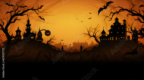 Halloween City panorama in halloween style. Scary hallowen witch  bats  picture  sunset