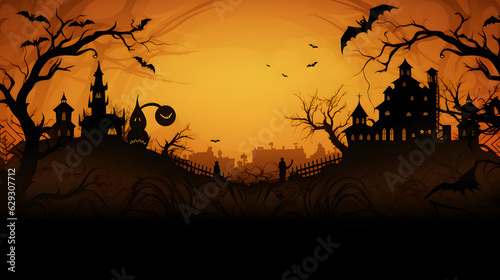 Halloween City panorama in halloween style. Scary hallowen witch, bats, picture, sunset