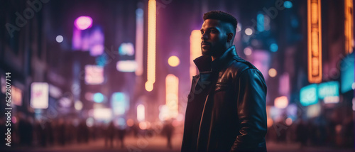 A wide angle shot of a man wearing in a leather jacket standing in front of a blurred cyberpunk city panorama with bright neon lights