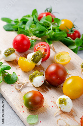 Italian Caprese Canapes Salad With Tomatoes, Mozzarella And Fresh Basil, Tasty Snack