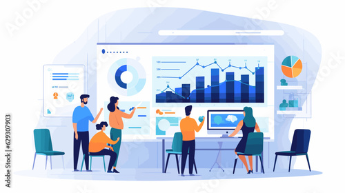Flat illustration of a group of people working in front of a big screen, with charts, corporate