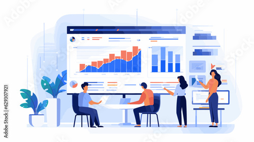 Flat illustration of a group of people working in front of a big screen, with charts, corporate