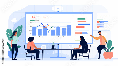 Flat illustration of a group of people working in front of a big screen, with charts, corporate