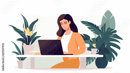 Flat illustration of a gorl working on laptop, office