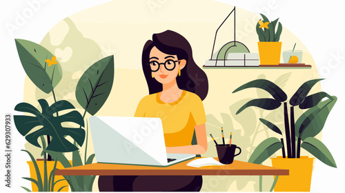 Flat illustration of a gorl working on laptop, office