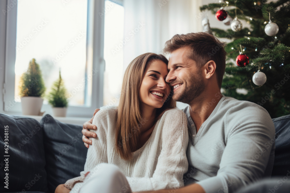 Closeup photo of adorable couple spending holly Christmas eve in decorated garland lights room near Chrismas tree sitting cosy sofa indoors Closeup photo of adorable couple spending holly Christmas eve in decorated garland lights room near Chrismas tree sitting cosy sofa indoors