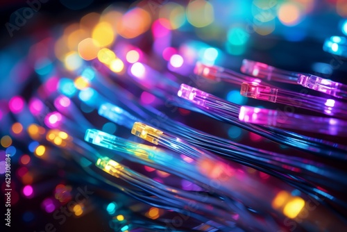 A close-up shot of fiber optic cables, the backbone of gigabit internet, showcasing the advanced technology. Generative Ai