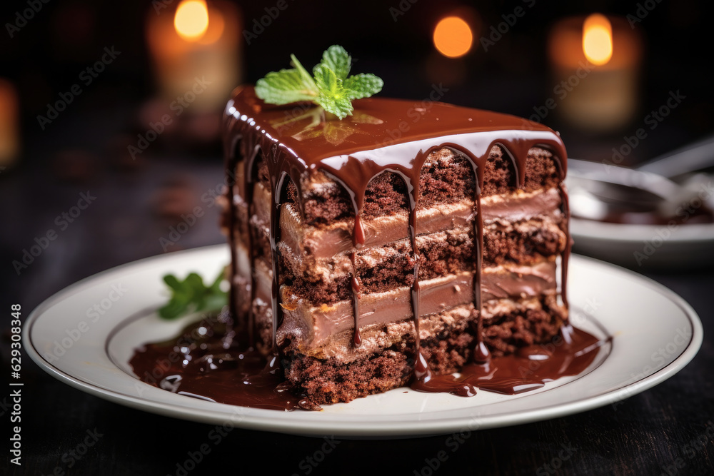Slice of chocolate cake stuffed with brown cream