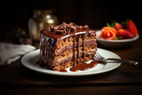 Slice of chocolate layered birthday cake . Chocolate frosting dessert.