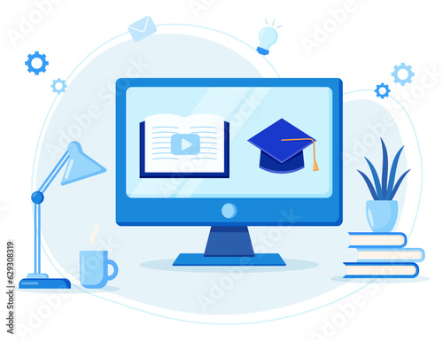 Online classes concept on monitor screen for e-learning course, webinar and online education on desktop, vector flat illustration