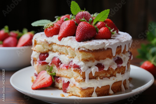 Victoria sandwich cake  decorated with strawberries  blueberries and mint closeup