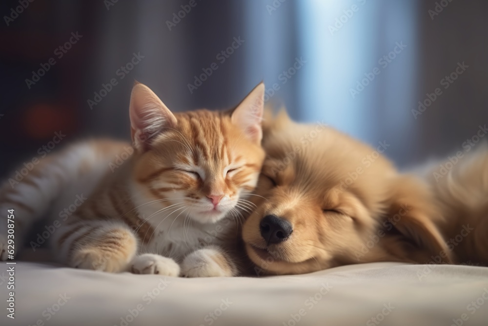 A small cat and a small dog sleeping cuddled together