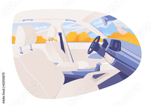 Light interior of automobile, automobiles inside. Empty car interior, modern design. Elements of the interior - passenger seats, steering wheel. Traveling and riding in a car. Cabin, driver's view