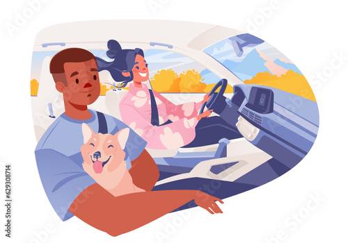 Illustration with characters, smiling couple and, or friends traveling on highways and country roads in their car. Traveling with dog. Outside window is picturesque autumn landscape with mountains.  