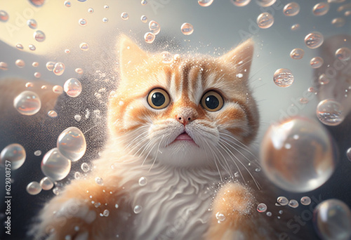 A small fluffy kitten bathes in a bath with foam and bubbles. AI generated