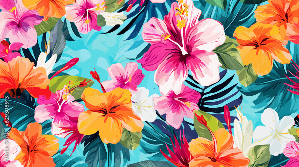 Retro aloha pattern with painted leaves and blossoms that exude a natural and exotic feel Retro aloha pattern with painted leaves and blossoms that exude a natural and exotic feel