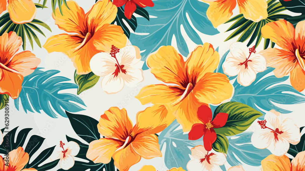 Retro aloha pattern with painted leaves and blossoms that exude a natural and exotic feel Retro aloha pattern with painted leaves and blossoms that exude a natural and exotic feel